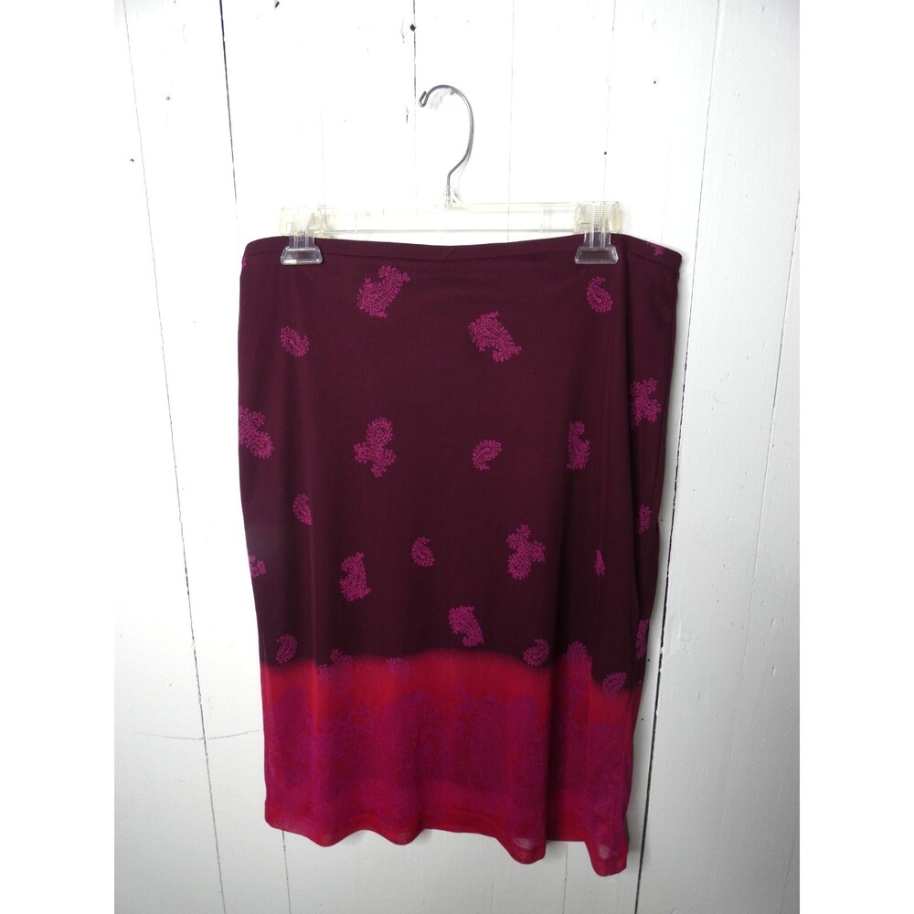 VTG Express Y2K Midi Skirt Pink Maroon Paisley Sheer Overlay 90s Stretch Mesh